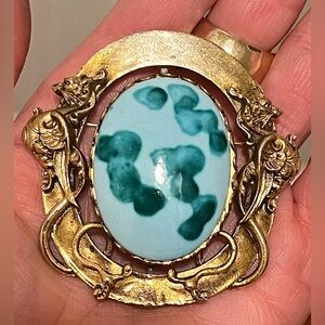 Vtg AJMC JOY Gold Dragon Brooch Blue Faux Marble Art Nouveau Statement